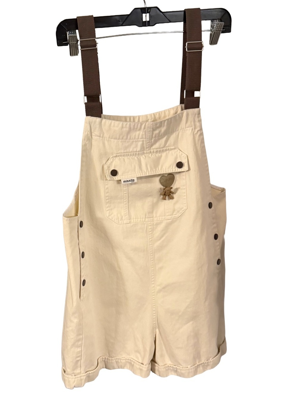 Misslle Women’s Cream Denim Overalls Brown Straps Heart Teddy Bear XXL